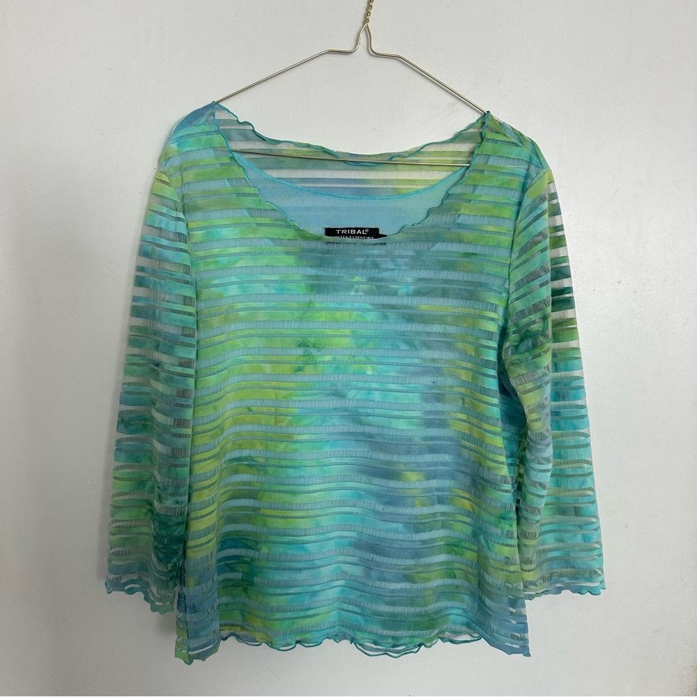 Tribal Blue and Green Sheer Blouse with Ribbed Style and Three-Quarter‎ Sleeves